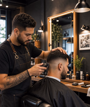 Barbeiro fazendo acabamento em corte masculino