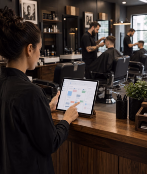 Barbearia com barbeiro acompanhando horários no balcão