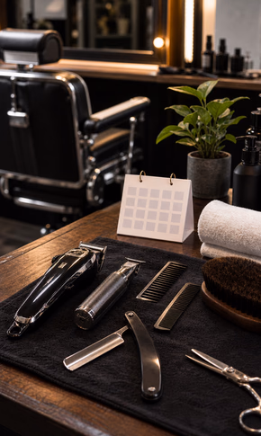 Ferramentas de barbearia organizadas ao lado da cadeira