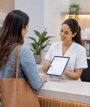 Recepção de clínica confirmando informações de paciente em tablet