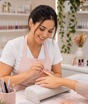 Nail designer atendendo cliente em mesa de esmalteria