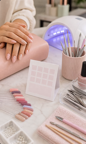 Mesa de nail designer com amostras de cor e ferramentas