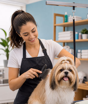 Profissional de pet shop escovando cachorro após banho