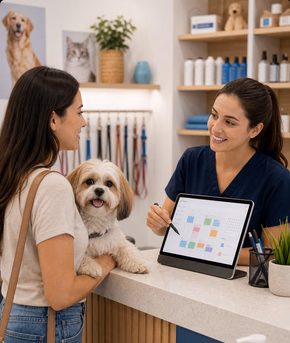 Recepção de pet shop confirmando agendamento com tutora