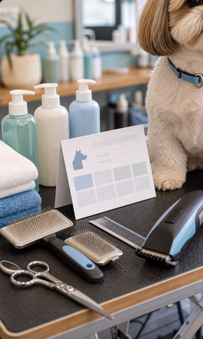 Bancada de banho e tosa com produtos, ferramentas e ficha do pet