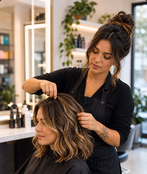 Profissional finalizando cabelo de cliente em salão de beleza